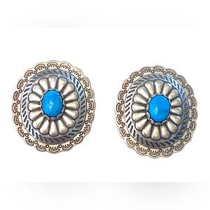 Native American Turquoise Sterling Silver Concho Earrings 925
